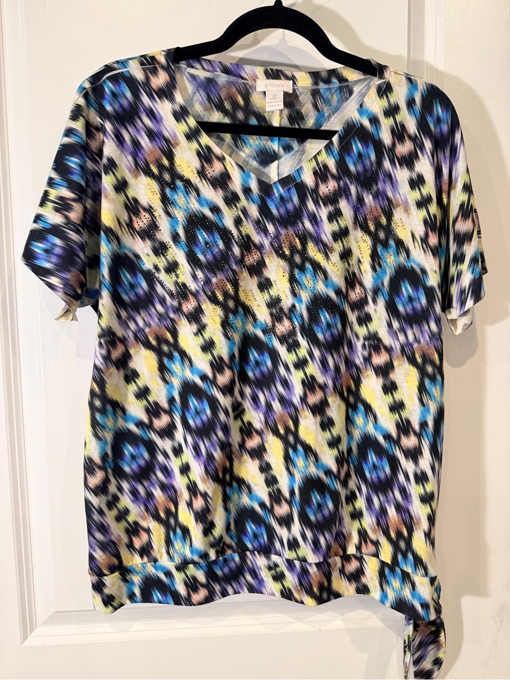 Chico's Ikat Swirl Short Sleeve V-Neck Top in Blue, Purple, Yellow, Black, Cream